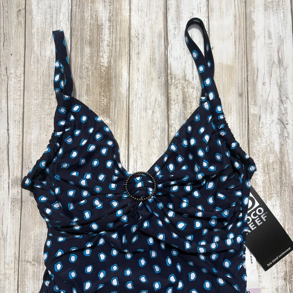 Coco Reef Swimdress 32C Navy Blue NWT Ruched Underwire Ruffle Swimsuit Slimming - Picture 2 of 14
